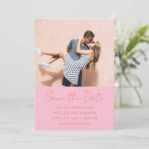 Reserve A Data Foto de casamento moderna manuscrita em rosa e lar