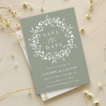 Reserve A Data Foto de casamento moderno boho em verde salvia com<br><div class="desc">Este cartão de aviso de casamento elegante apresenta uma coroa de silhueta de flores silvestres com sua foto no verso. Para uma personalização mais avançada deste design,  clique no BOTÃO DE FERRAMENTA DE DESIGN AZUL acima!</div>