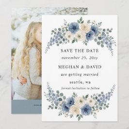 Reserve A Data Foto de Casamento Moderno Floral Azul Empoeirado M