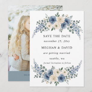 Reserve A Data Foto de Casamento Moderno Floral Azul Empoeirado M