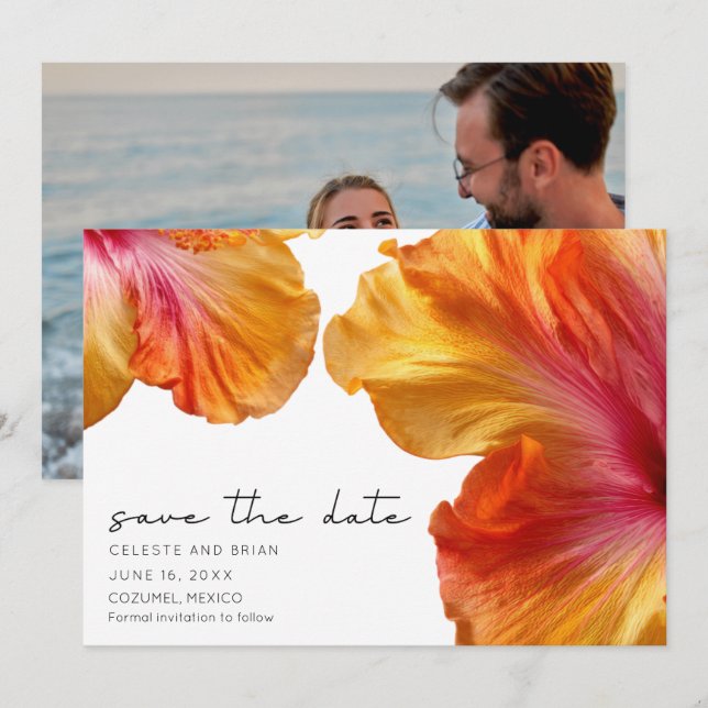 Reserve A Data Foto de Casamento na Praia com Hibisco Tropical (Frente/Verso)