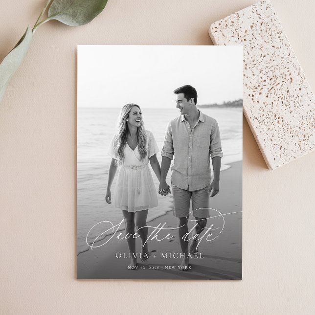 Reserve A Data Foto de Casamento Preto e Branco de Script Elegant (Criador carregado)