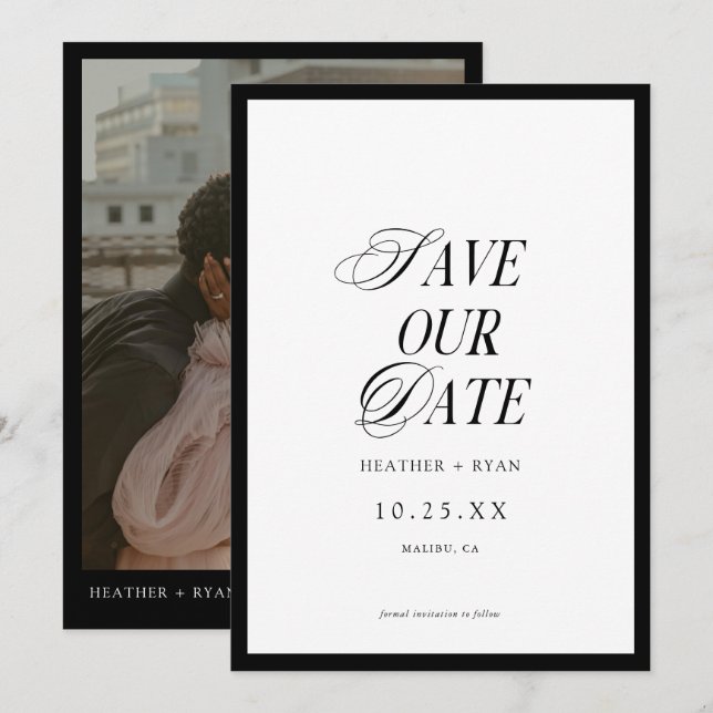 Reserve A Data Foto de casamento preto e branco formal minimalist (Frente/Verso)
