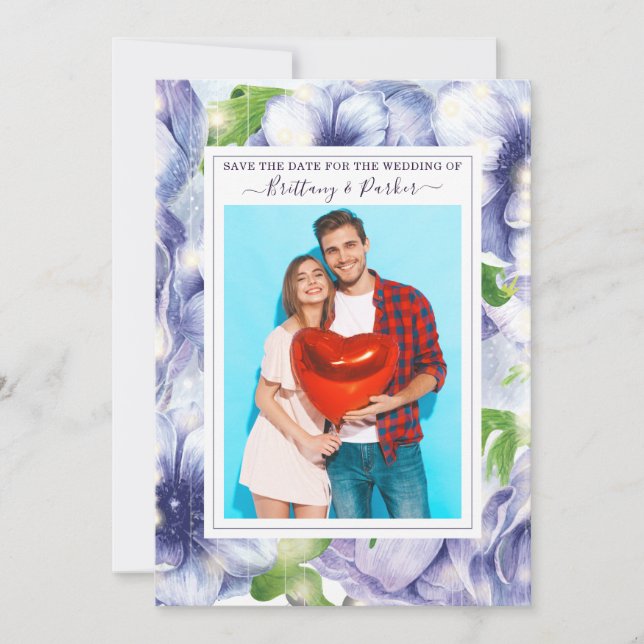 Reserve A Data Foto de Casamento Roxo de Anêmona Floral (Frente)