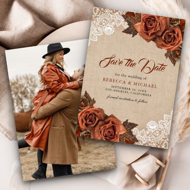 Reserve A Data Foto de Casamento Rustic Burlap Dusty Terracotta R (Criador carregado)
