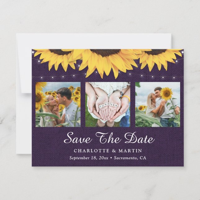Reserve A Data Foto de Casamento Rustic Sunflower Purple Burlap (Frente)