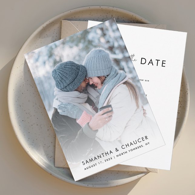 Reserve A Data Foto de casamento simples moderno (Elegant Script Photo Save the Date Wedding Announcement)
