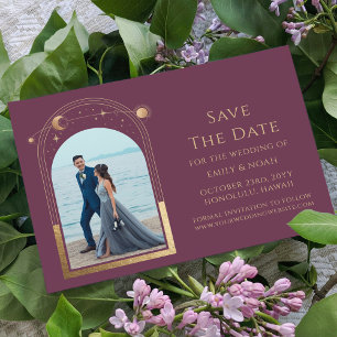 Reserve A Data Foto de casamento Sol Lua Estrelas Plum Gold