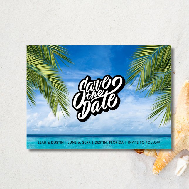 Reserve A Data Foto de casamento tropical na praia Salvar a data  (Tropical Beach Wedding Photo Save the Date)