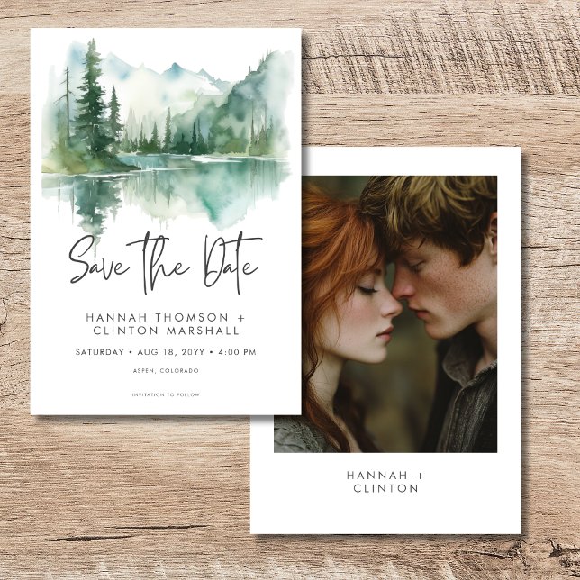 Reserve A Data Foto de Cena de Água do Lago Rustic Mountain (Rustic Mountain Lake Scene Watercolor Photo Save The Date)