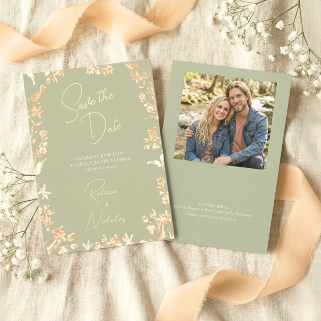 Reserve A Data Foto de Flores Silvestres em Script Marfim Elegant (Criador carregado)