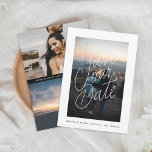 Reserve A Data Foto de Lettering Casual<br><div class="desc">Sobreposição simples e casual de "salve nossa data" feita à mão. Opção para mais duas fotos no verso ou personalizar e editar como desejar.</div>