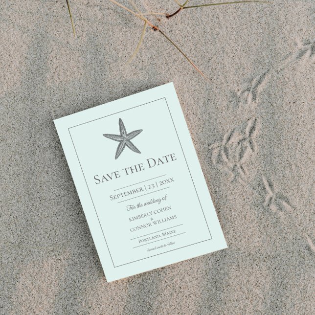 Reserve A Data Foto de Monograma de Estrela-do-Mar Verde Menta (Mint Green Starfish Monogram Photo Save the Date)