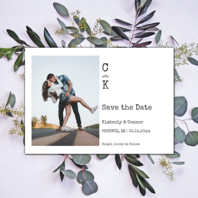 Reserve A Data Foto de Monograma Minimalista Branco (White Minimalist Monogram Photo Save the Date)