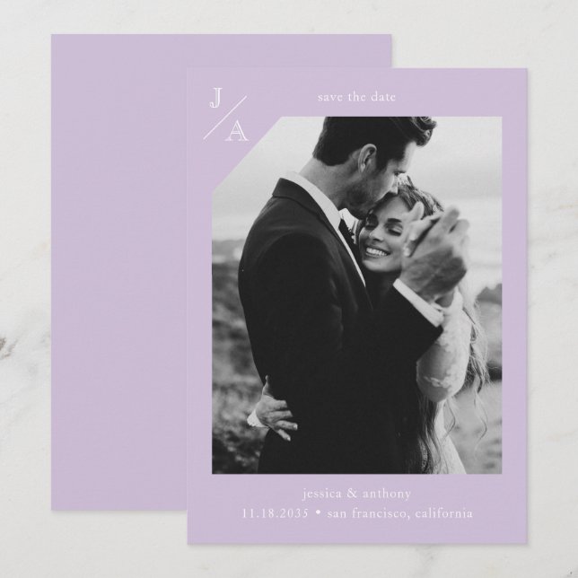 Reserve A Data Foto de Monograma Moderno Mínimo Roxo Lilac (Frente/Verso)