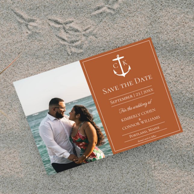 Reserve A Data Foto de Monograma Náutico em Laranja Queimada para (Burnt Orange Nautical Monogram Photo Save the Date)
