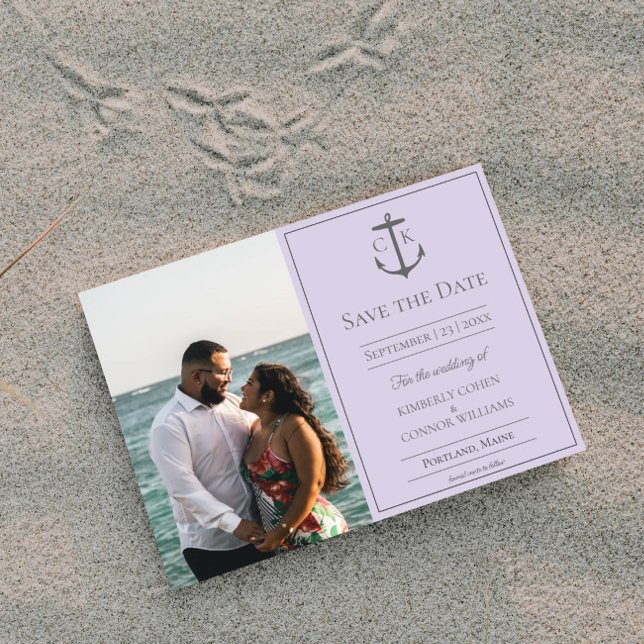 Reserve A Data Foto de Monograma Náutico Lavanda para Salvar a Da (Lavender Nautical Monogram Photo Save the Date)