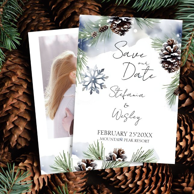 Reserve A Data Foto de pinheiro de neve com aquarela de inverno s (Winter wedding photo save the date editable template digital download watercolor pines snowflakes)