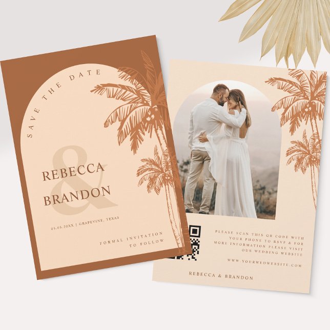 Reserve A Data Foto de Praia com Palmeira Código QR Terracota Cas (Criador carregado)