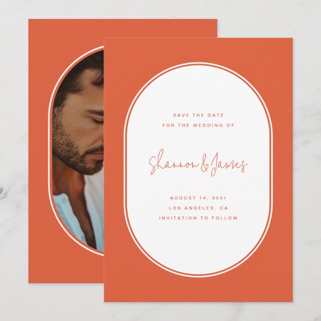 Reserve A Data Foto de Quadro Oval Moderno Casamento Laranja Suns (Frente/Verso)