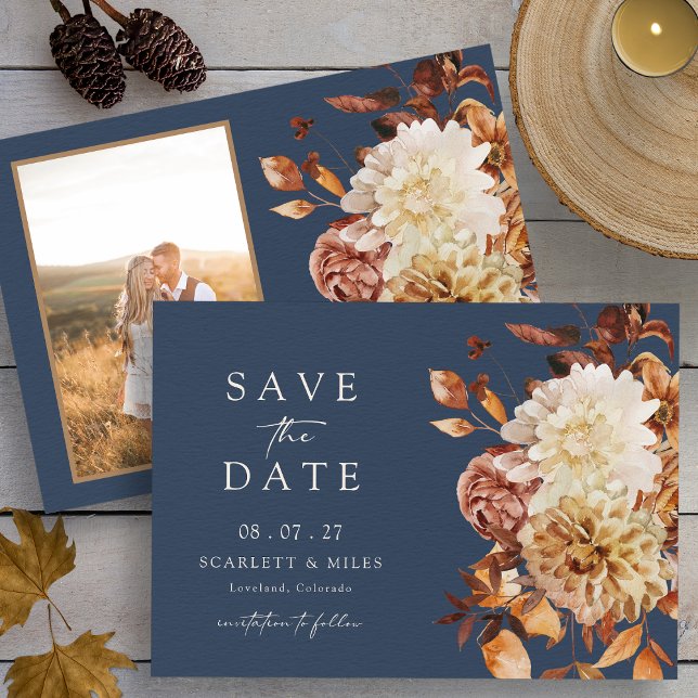 Reserve A Data Foto de queda do marinho (Watercolor Navy Blue Autumn Floral with Photo Save The Date by Painted Paperie
)