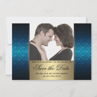 Reserve A Data Foto de Salvar a Data em Damask Azul e Dourado