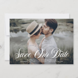 Reserve A Data Foto de Script Flourish Elegante Branco