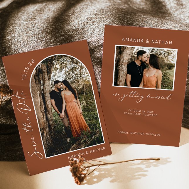 Reserve A Data Foto de Terracotta Foto do Arch Modern Boho (terracotta fall wedding save the date)