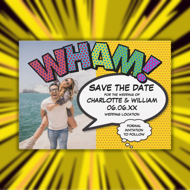 Reserve A Data Foto de WHAM para banda desenhada moderna divertid (Fun Modern Comic WHAM Photo Save The Date)