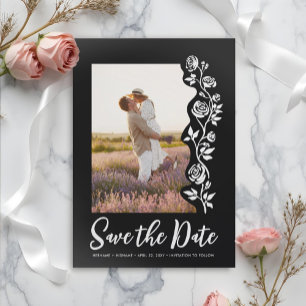 Reserve A Data Foto Desenhada Rosas Pretos Branco Simples Românti