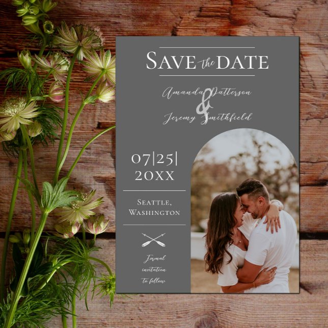 Reserve A Data Foto do Arch Modern Boho | Cinza Guardar a Data (Modern Arch Photo Save the Date - Gray)