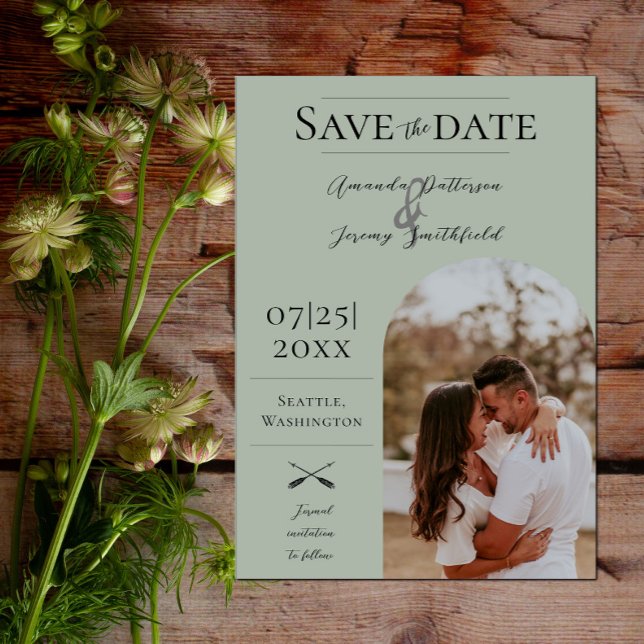 Reserve A Data Foto do Arch Modern Boho | Sage Green (Modern Arch Photo Save the Date - Sage Green)