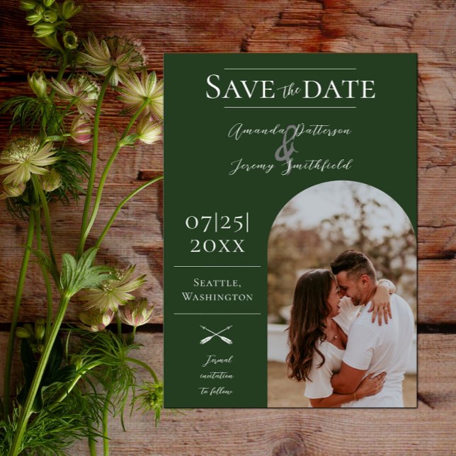 Reserve A Data Foto do Arch Modern Boho | Verde Esmeralda (Modern Arch Photo Save the Date - Emerald Green)