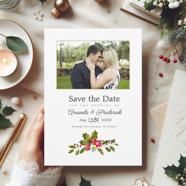 Reserve A Data Foto do Casamento de Natal Holly e Ivy (Holly and Ivy Christmas Wedding Photo Save The Date)
