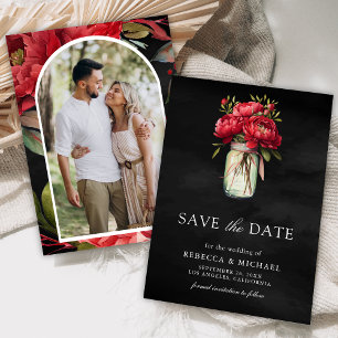 Reserve A Data Foto do Casamento Preto de Mason Jar, Red Peony Fl