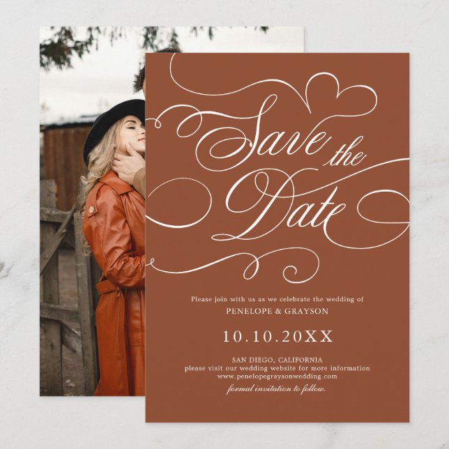 Reserve A Data Foto do Eterno Terracotta da Caligrafia Moderna (Frente/Verso)