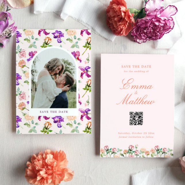 Reserve A Data Foto do Jardim Russo Boho (Photo save the date card with watercolor flowers at the front and classic script + QR code at back)