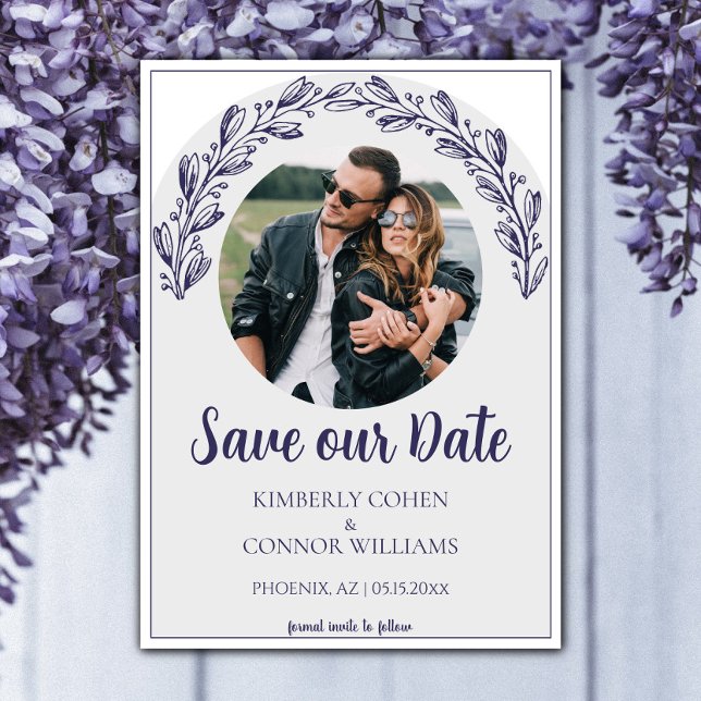 Reserve A Data Foto do marinho Blue Garland - Salvar a data (Navy Garland Photo Save the Date)