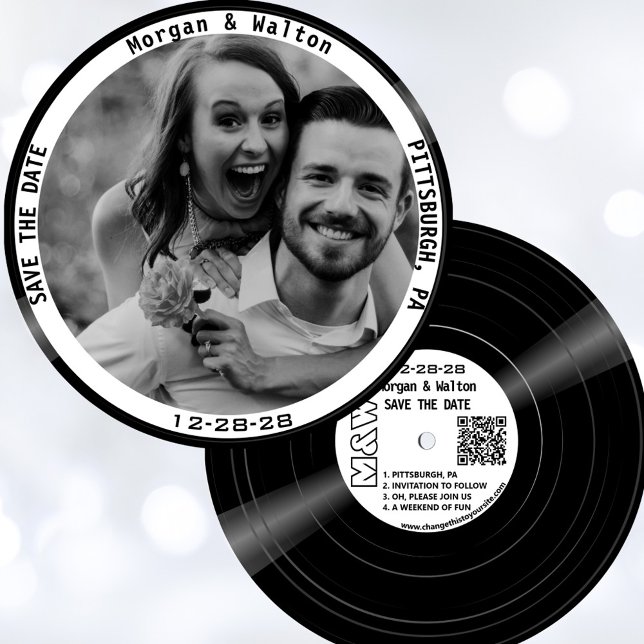 Reserve A Data Foto do Monograma do Registro de Vinilo - Branco (Vinyl record style save the date with your photo, monogram, wedding website and QR code.)