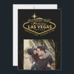 Reserve A Data Foto Dourada de casamento em Las Vegas<br><div class="desc">Foto 5 horas por dia, 7 dias por semana salve o cartão de anúncio de um casamento em Las Vegas, Nevada com o famoso símbolo de Vegas em folha de ouro falso em preto, com uma foto quadrada e um quadro de cobertura de ouro geométrico e design de tipografia única...</div>