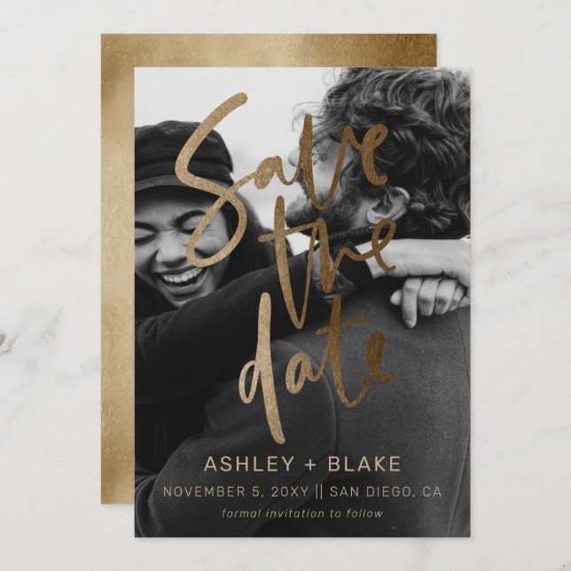 Reserve A Data Foto Dourada e simples de caligrafia manuscrita (Frente/Verso)