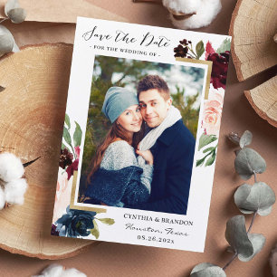 Reserve A Data Foto Dourada Floral Azul Blush Vermelho Burgundy