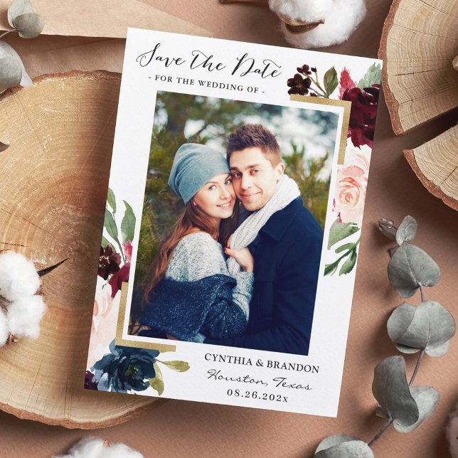 Reserve A Data Foto Dourada Floral Azul Blush Vermelho Burgundy (Criador carregado)