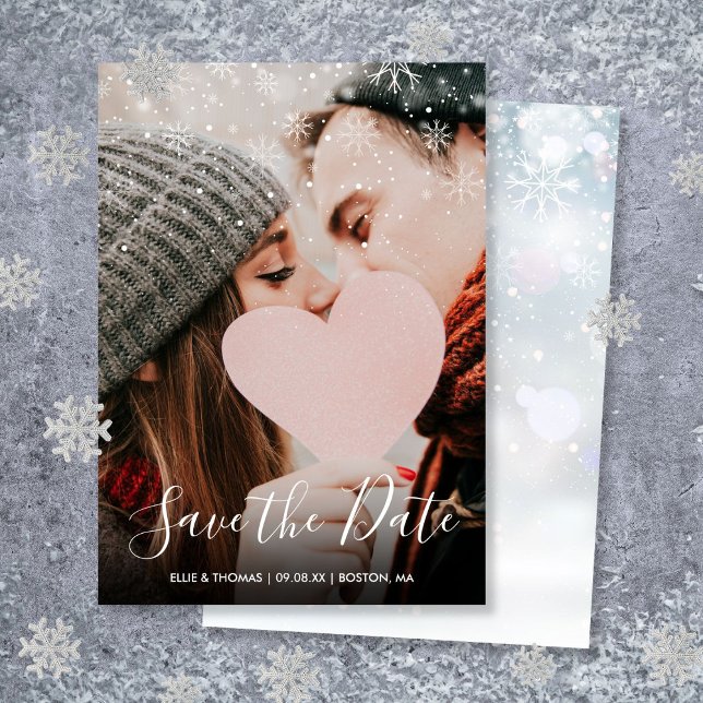 Reserve A Data Foto Elegante De Flocos De Neve De Inverno (Winter Snowflakes Elegant Script Photo Save The Date)