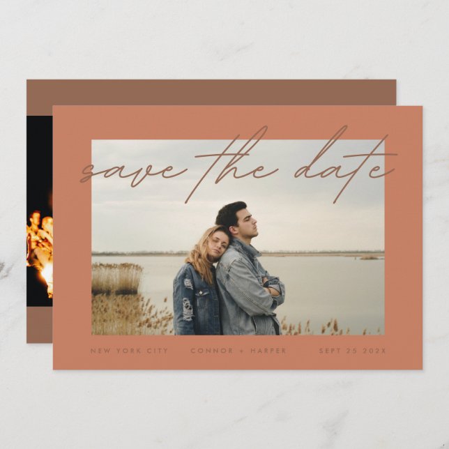 Reserve A Data Foto Elegante Dusty Orange Terracotta (Frente/Verso)