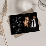 Reserve A Data Foto em branco preto de tendências divertidas<br><div class="desc">Você não quer perder este casamento! Prepare seus convidados de casamento para um bom momento com esta divertida design de duas fotos. Apresentando o texto do script de tendência em branco em um fundo preto, este salvamento da data também apresenta uma foto na frente e muito espaço para texto personalizado....</div>