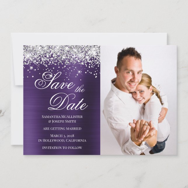 Reserve A Data Foto em Folha Violeta Escura com Brilho Prateado (Frente)