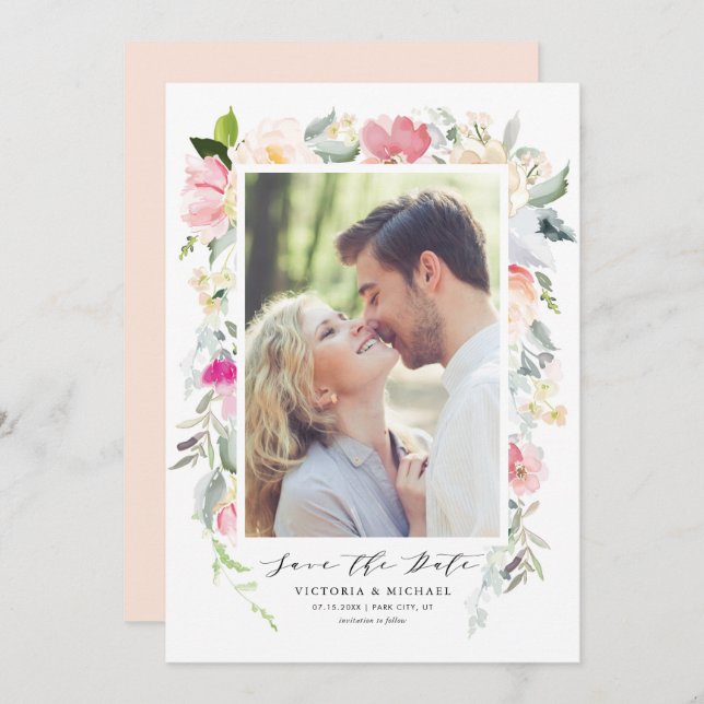 Reserve A Data Foto em moldura de flores pastéis da primavera (Frente/Verso)