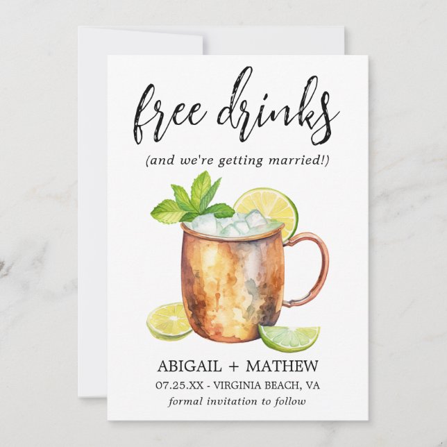 Reserve A Data Foto Engraçada de Casamento com Drink Clássico Mos (Frente)