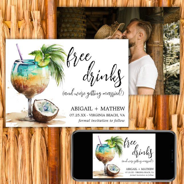 Reserve A Data Foto engraçada de coquetel de coco tropical no cas (Funny Tropical Coconut Cocktail Photo Wedding Save The Date)